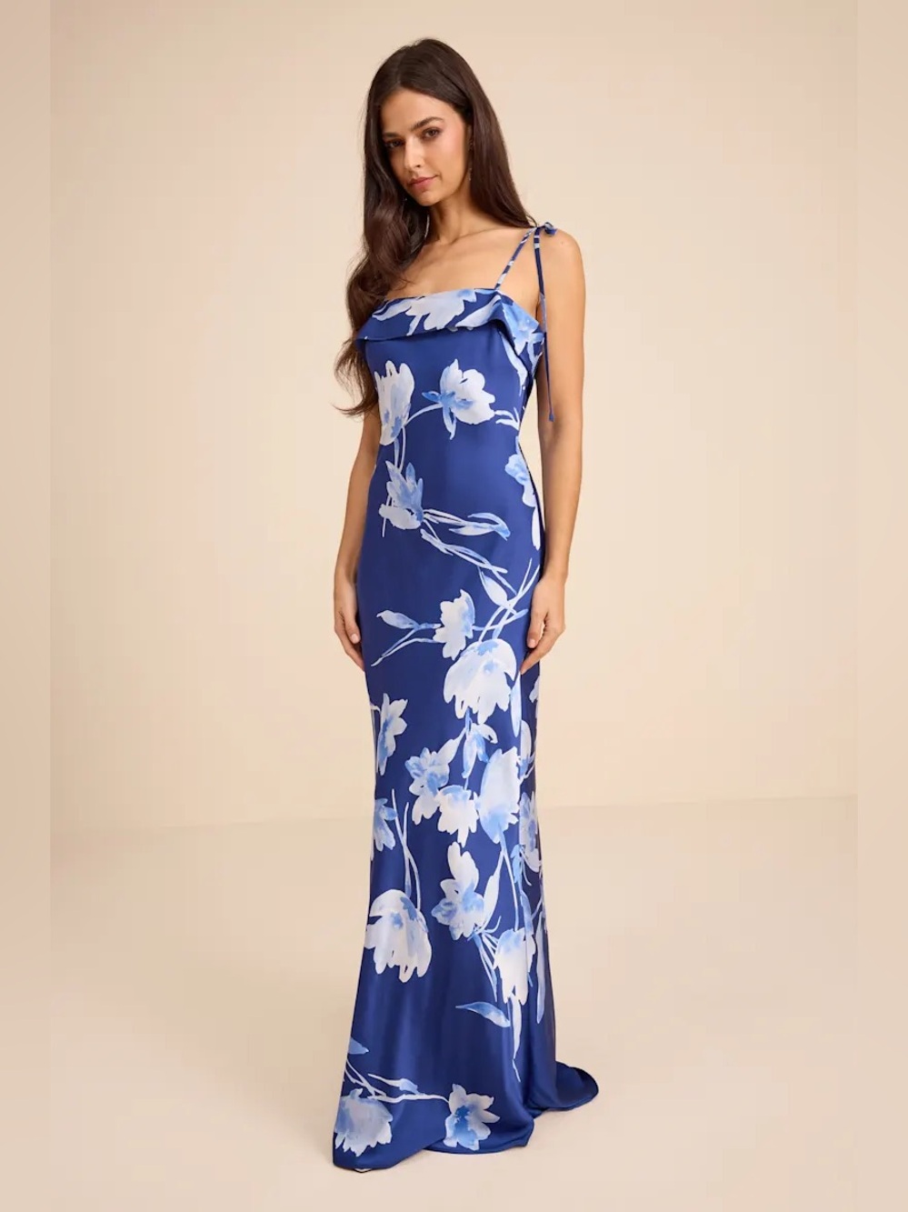 Lulus Blue Floral Satin Tie-Strap Maxi Dress